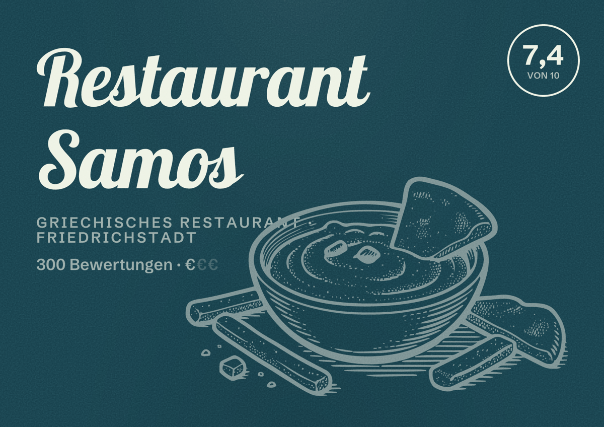 Illustriertes Poster von Restaurant Samos, Griechisches Restaurant in Friedrichstadt: Bewertung 7,4 von 10 aus 300 Bewertungen, Preisniveau €