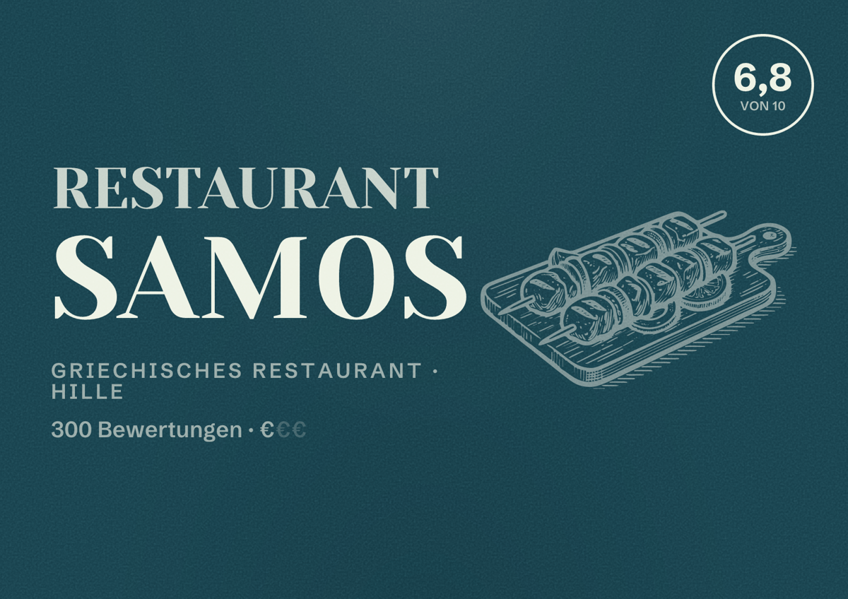 Illustriertes Poster von Restaurant Samos, Griechisches Restaurant in Hille: Bewertung 6,8 von 10 aus 300 Bewertungen, Preisniveau €
