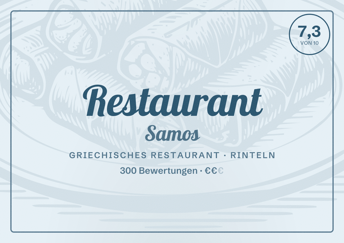 Illustriertes Poster von Restaurant Samos, Griechisches Restaurant in Rinteln: Bewertung 7,3 von 10 aus 300 Bewertungen, Preisniveau €€