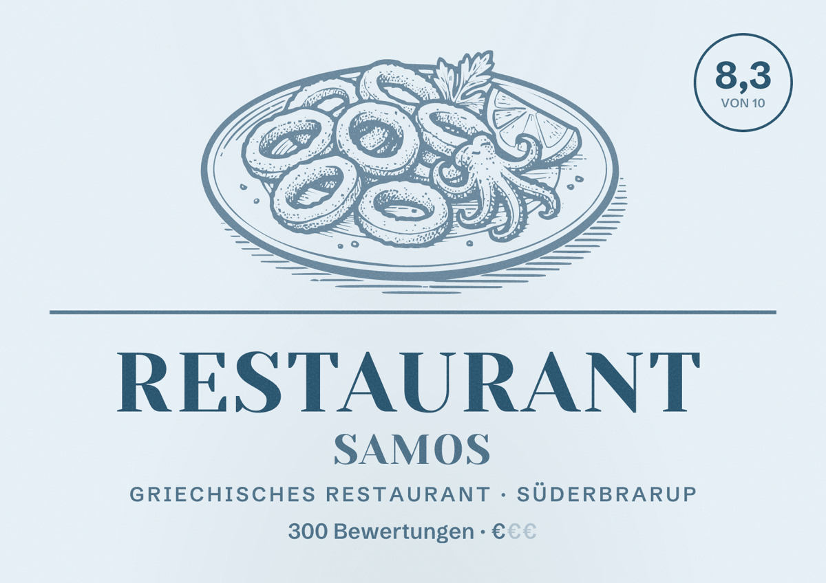Illustriertes Poster von Restaurant Samos, Griechisches Restaurant in Süderbrarup: Bewertung 8,3 von 10 aus 300 Bewertungen, Preisniveau €
