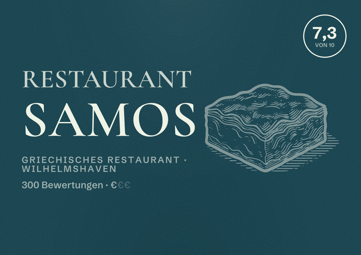 Illustriertes Poster von Restaurant Samos, Griechisches Restaurant in Wilhelmshaven: Bewertung 7,3 von 10 aus 300 Bewertungen, Preisniveau €