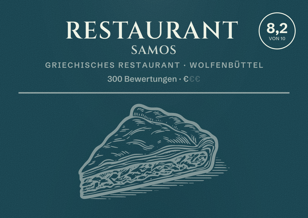 Illustriertes Poster von Restaurant Samos, Griechisches Restaurant in Wolfenbüttel: Bewertung 8,2 von 10 aus 300 Bewertungen, Preisniveau €