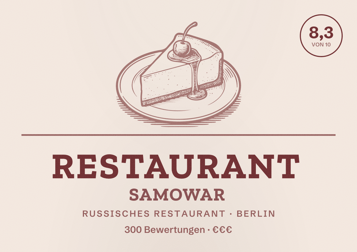 Illustriertes Poster von Restaurant Samowar, Russisches Restaurant in Berlin: Bewertung 8,3 von 10 aus 300 Bewertungen, Preisniveau €€€