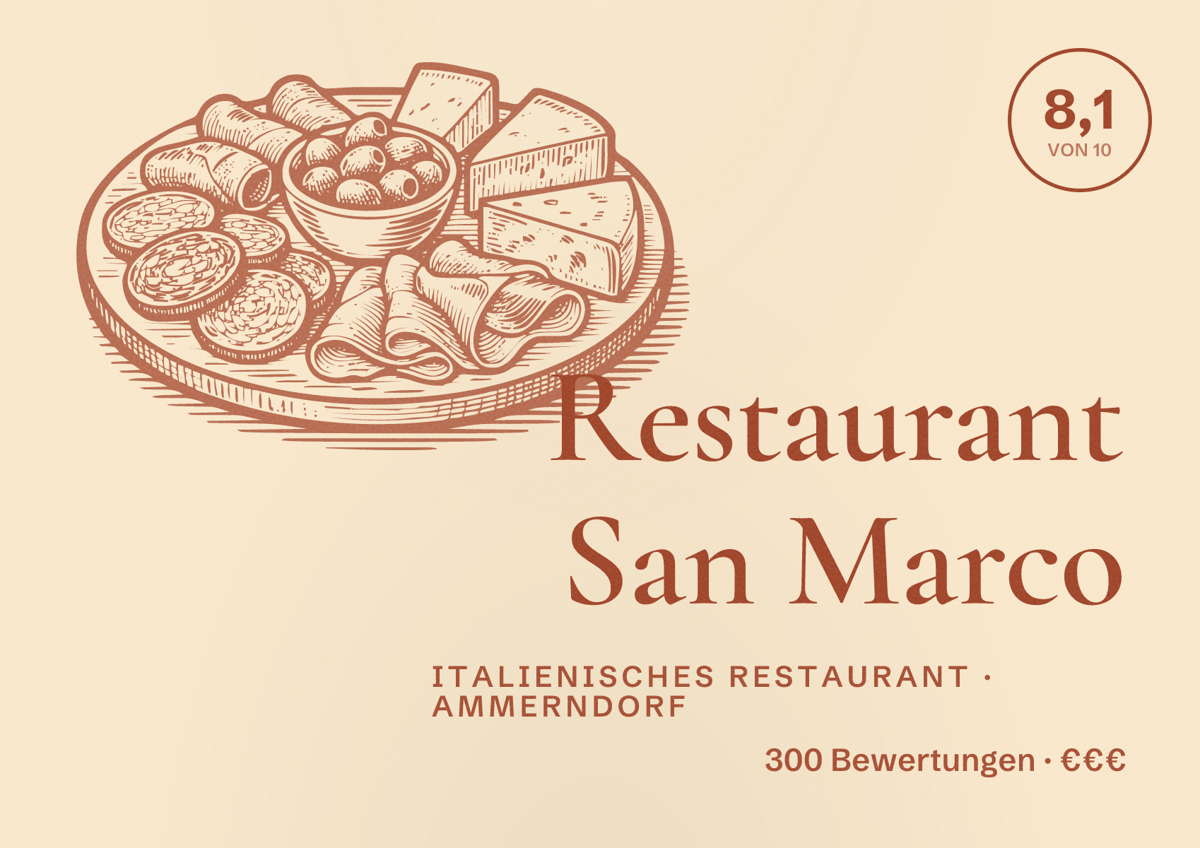 Illustriertes Poster von Restaurant San Marco, Italienisches Restaurant in Ammerndorf: Bewertung 8,1 von 10 aus 300 Bewertungen, Preisniveau €€€