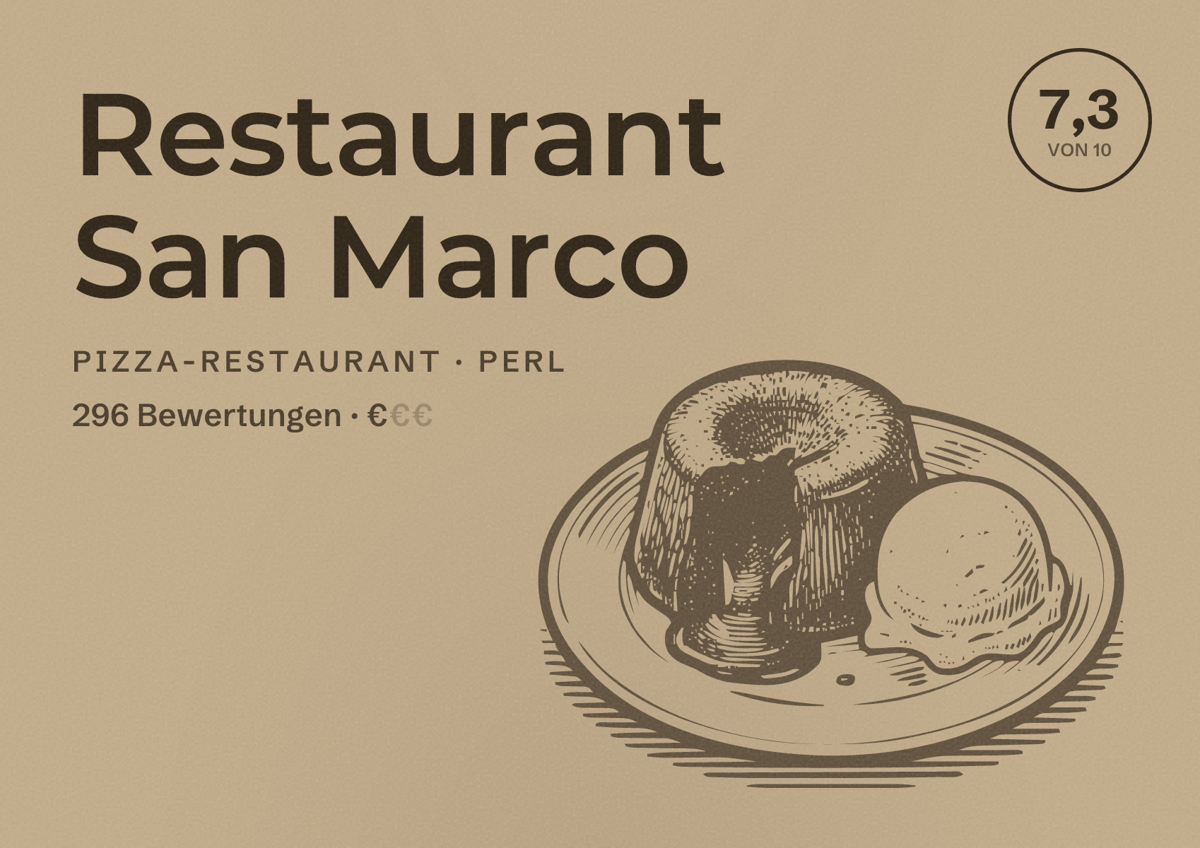 Illustriertes Poster von Restaurant San Marco, Pizza-Restaurant in Perl: Bewertung 7,3 von 10 aus 296 Bewertungen, Preisniveau €