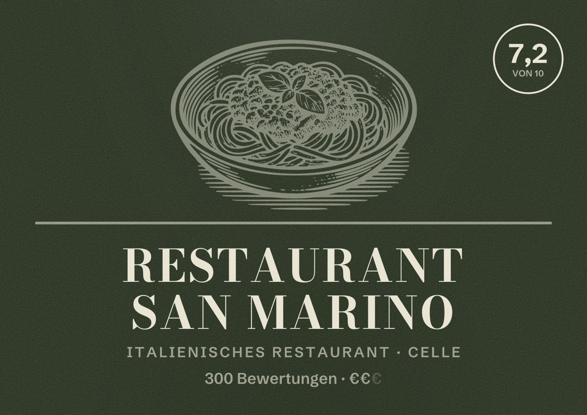 Illustriertes Poster von Restaurant San Marino, Italienisches Restaurant in Celle: Bewertung 7,2 von 10 aus 300 Bewertungen, Preisniveau €€