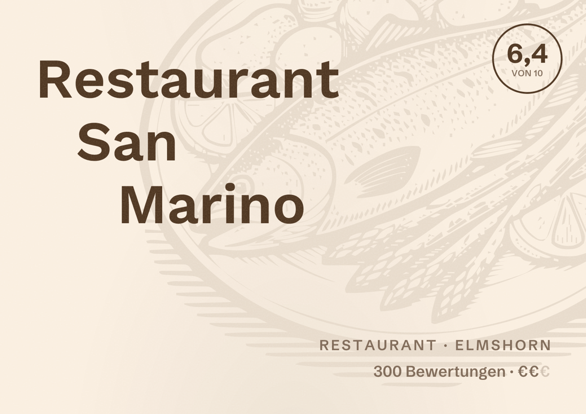 Illustriertes Poster von Restaurant San Marino, Restaurant in Elmshorn: Bewertung 6,4 von 10 aus 300 Bewertungen, Preisniveau €€