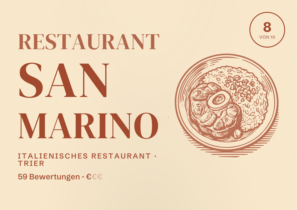 Illustriertes Poster von Restaurant San Marino, Italienisches Restaurant in Trier: Bewertung 8 von 10 aus 59 Bewertungen, Preisniveau €
