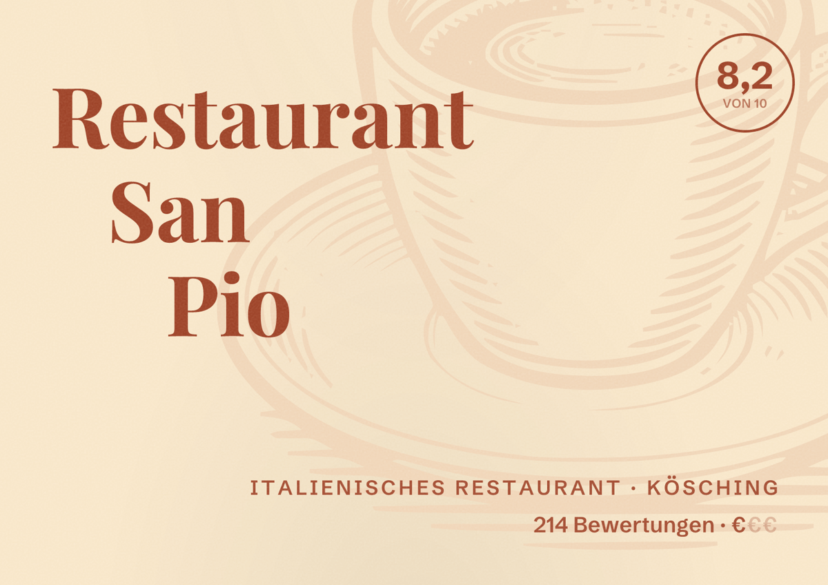 Illustriertes Poster von Restaurant San Pio, Italienisches Restaurant in Kösching: Bewertung 8,2 von 10 aus 214 Bewertungen, Preisniveau €