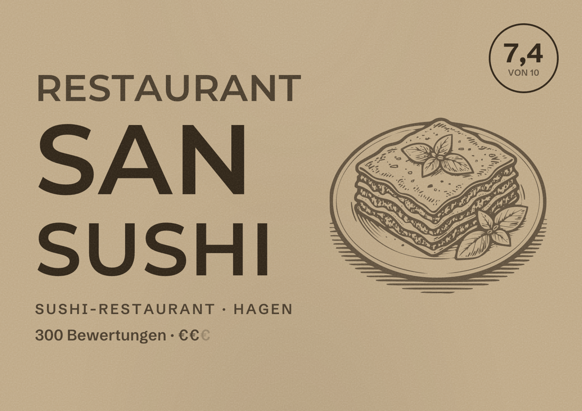Illustriertes Poster von Restaurant San Sushi, Sushi-Restaurant in Hagen: Bewertung 7,4 von 10 aus 300 Bewertungen, Preisniveau €€