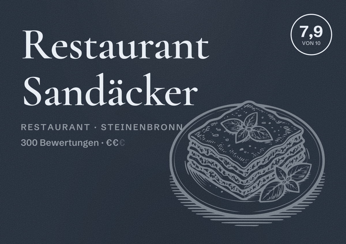 Illustriertes Poster von Restaurant Sandäcker, Restaurant in Steinenbronn: Bewertung 7,9 von 10 aus 300 Bewertungen, Preisniveau €€