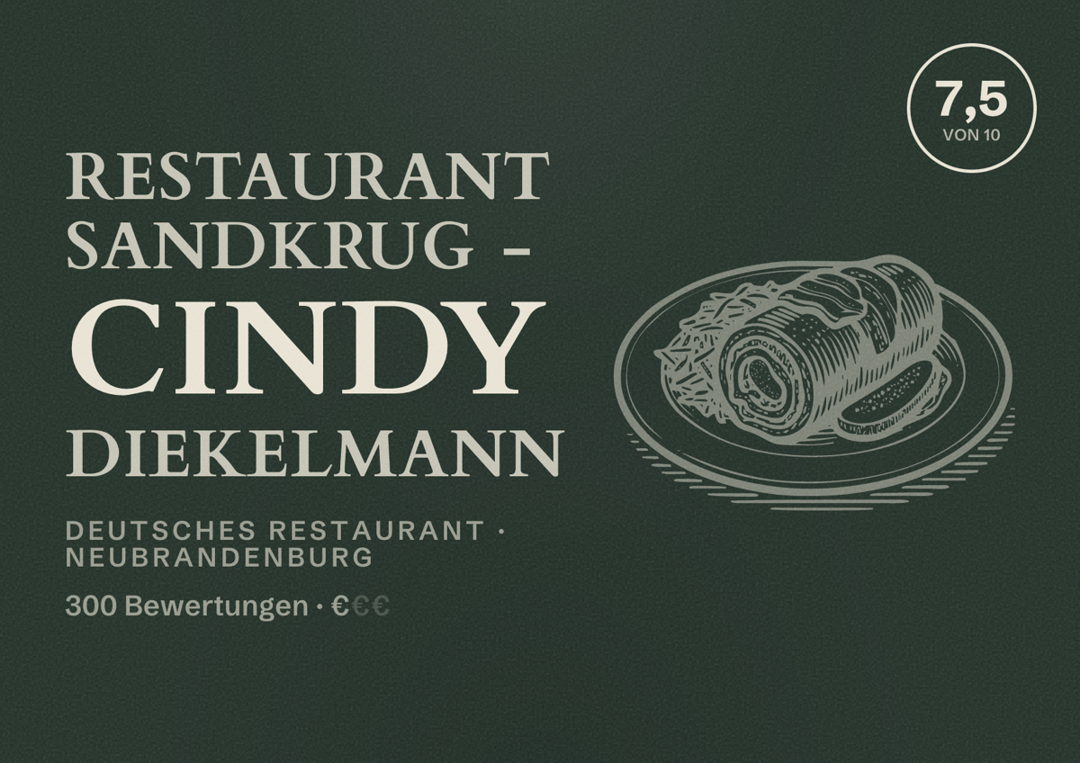 Illustriertes Poster von Restaurant Sandkrug - Cindy Diekelmann, Deutsches Restaurant in Neubrandenburg: Bewertung 7,5 von 10 aus 300 Bewertungen, Preisniveau €