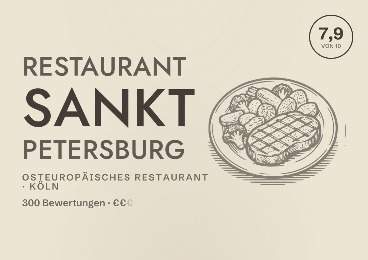 Illustriertes Poster von Restaurant Sankt Petersburg, Osteuropäisches Restaurant in Köln: Bewertung 7,9 von 10 aus 300 Bewertungen, Preisniveau €€