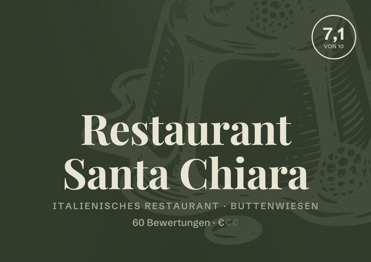 Illustriertes Poster von Restaurant Santa Chiara, Italienisches Restaurant in Buttenwiesen: Bewertung 7,1 von 10 aus 60 Bewertungen, Preisniveau €