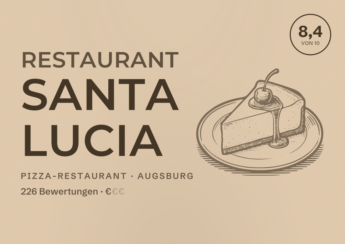 Illustriertes Poster von Restaurant Santa Lucia, Pizza-Restaurant in Augsburg: Bewertung 8,4 von 10 aus 226 Bewertungen, Preisniveau €