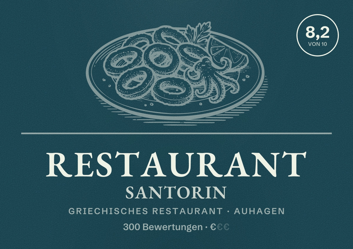 Illustriertes Poster von Restaurant Santorin, Griechisches Restaurant in Auhagen: Bewertung 8,2 von 10 aus 300 Bewertungen, Preisniveau €