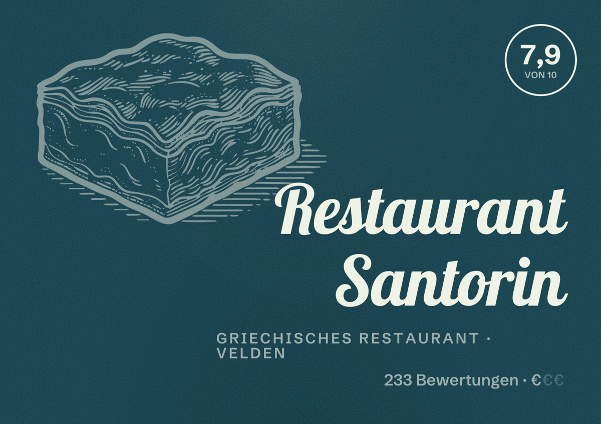 Illustriertes Poster von Restaurant Santorin, Griechisches Restaurant in Velden: Bewertung 7,9 von 10 aus 233 Bewertungen, Preisniveau €