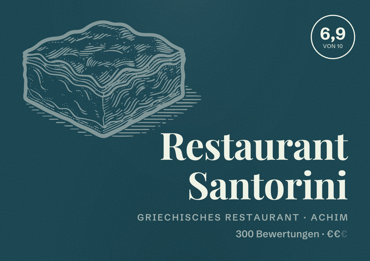 Illustriertes Poster von Restaurant Santorini, Griechisches Restaurant in Achim: Bewertung 6,9 von 10 aus 300 Bewertungen, Preisniveau €€