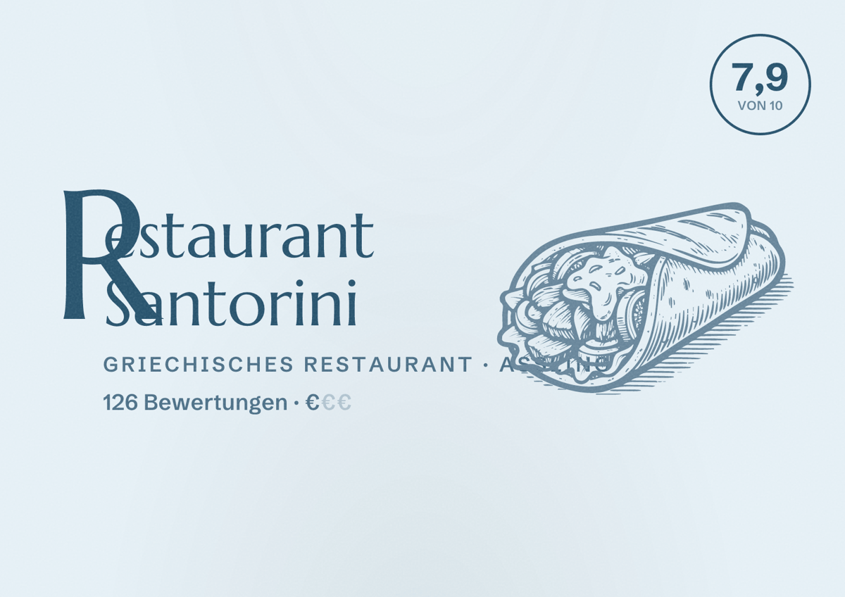 Illustriertes Poster von Restaurant Santorini, Griechisches Restaurant in Aßling: Bewertung 7,9 von 10 aus 126 Bewertungen, Preisniveau €