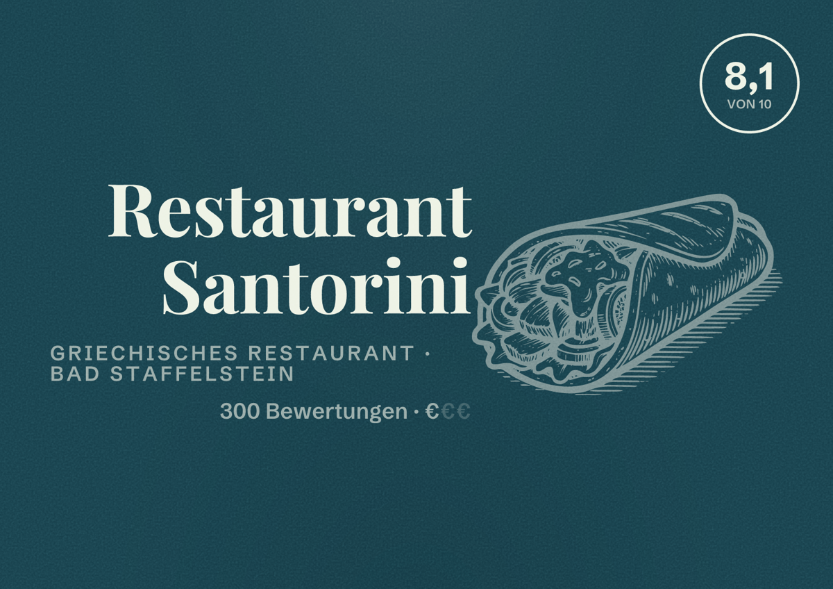 Illustriertes Poster von Restaurant Santorini, Griechisches Restaurant in Bad Staffelstein: Bewertung 8,1 von 10 aus 300 Bewertungen, Preisniveau €