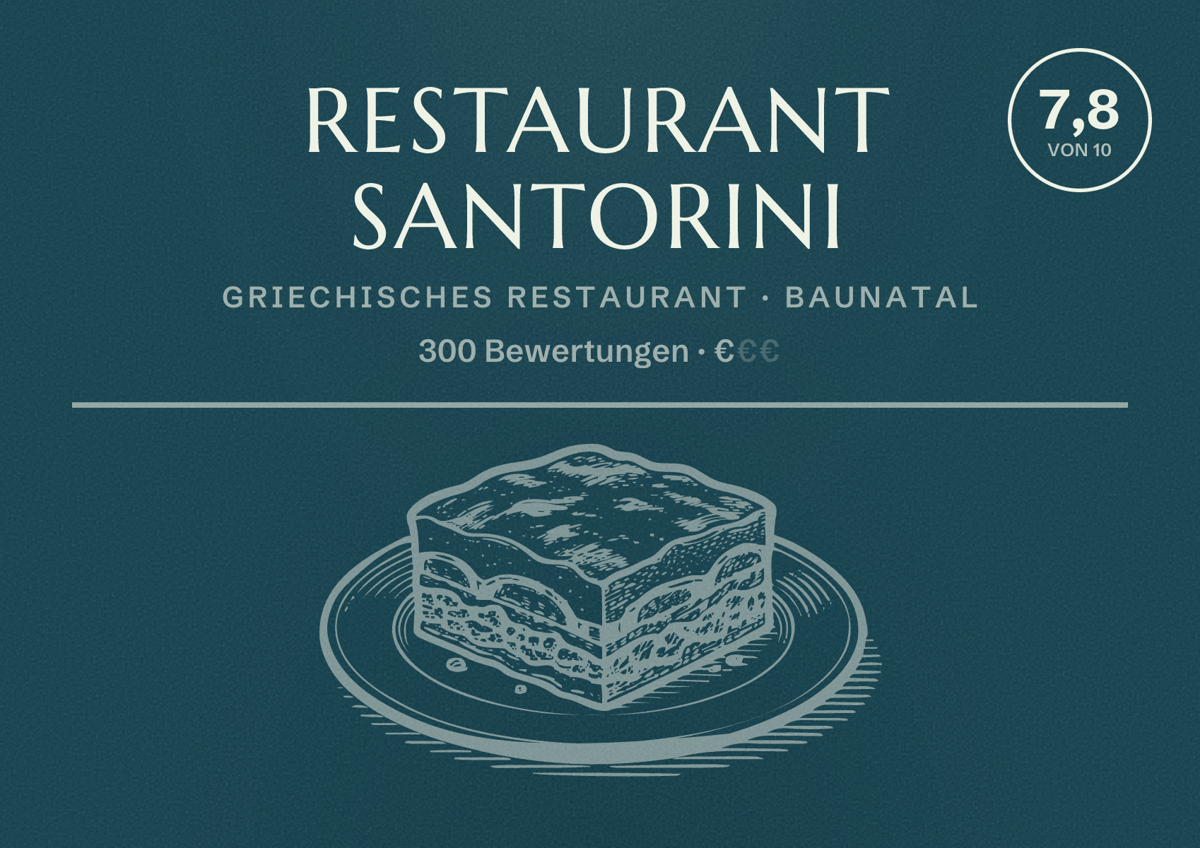 Illustriertes Poster von Restaurant Santorini, Griechisches Restaurant in Baunatal: Bewertung 7,8 von 10 aus 300 Bewertungen, Preisniveau €