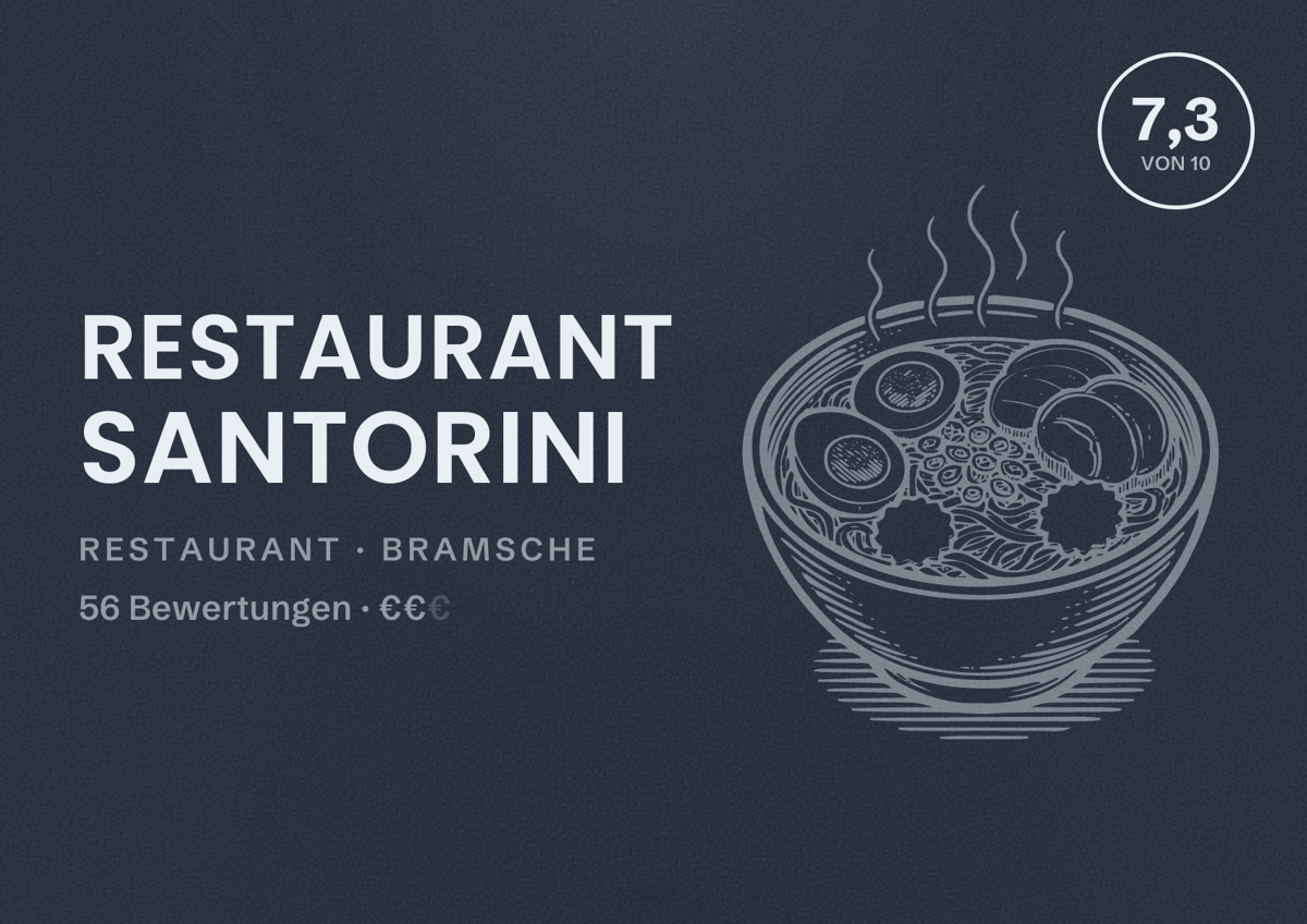Illustriertes Poster von Restaurant Santorini, Restaurant in Bramsche: Bewertung 7,3 von 10 aus 56 Bewertungen, Preisniveau €€