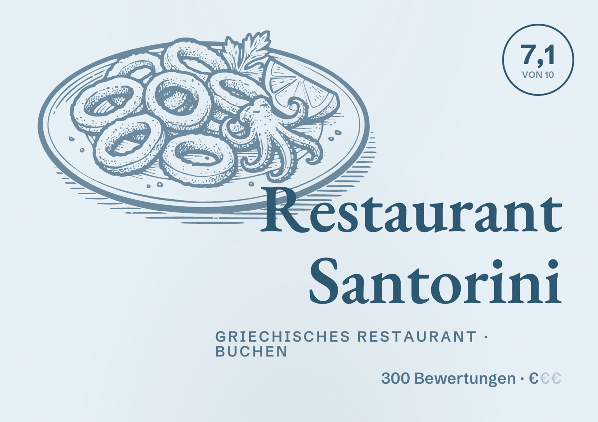 Illustriertes Poster von Restaurant Santorini, Griechisches Restaurant in Buchen: Bewertung 7,1 von 10 aus 300 Bewertungen, Preisniveau €