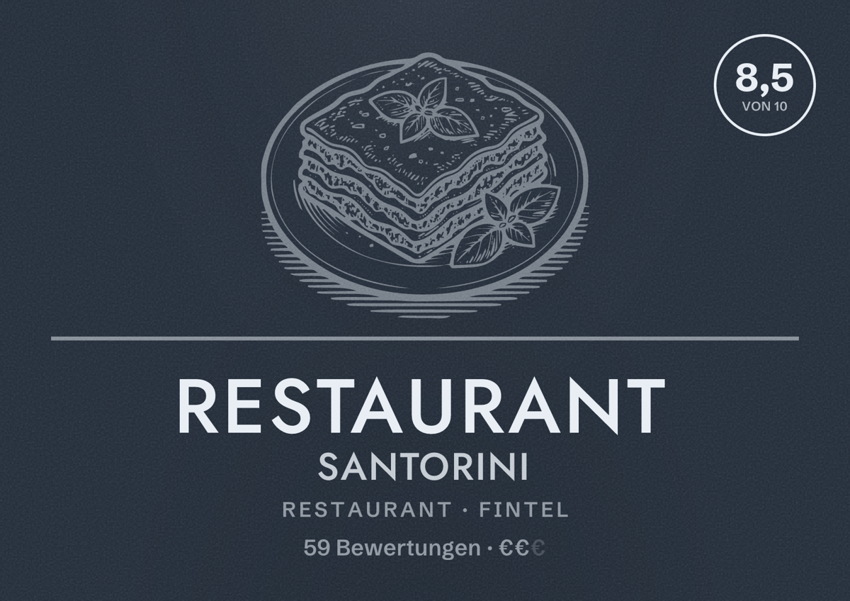 Illustriertes Poster von Restaurant Santorini, Restaurant in Fintel: Bewertung 8,5 von 10 aus 59 Bewertungen, Preisniveau €€