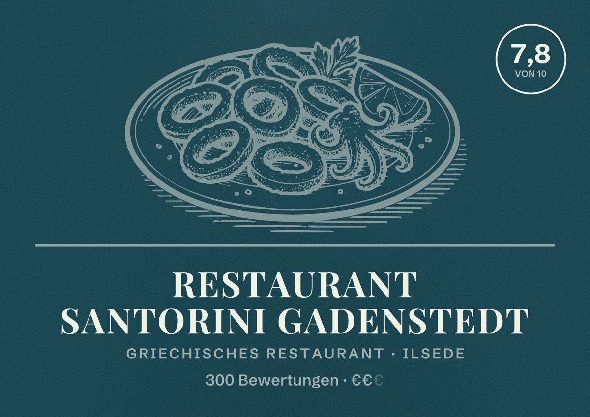 Illustriertes Poster von Restaurant Santorini Gadenstedt, Griechisches Restaurant in Ilsede: Bewertung 7,8 von 10 aus 300 Bewertungen, Preisniveau €€