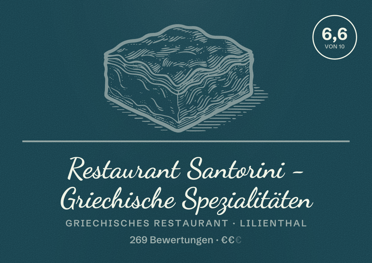 Illustriertes Poster von Restaurant Santorini - Griechische Spezialitäten, Griechisches Restaurant in Lilienthal: Bewertung 6,6 von 10 aus 269 Bewertungen, Preisniveau €€