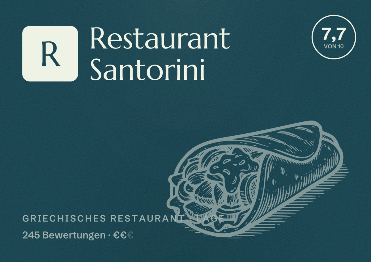Illustriertes Poster von Restaurant Santorini, Griechisches Restaurant in Lage: Bewertung 7,7 von 10 aus 245 Bewertungen, Preisniveau €€