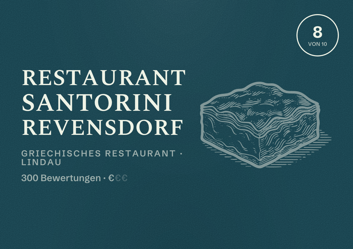 Illustriertes Poster von Restaurant Santorini Revensdorf, Griechisches Restaurant in Lindau: Bewertung 8 von 10 aus 300 Bewertungen, Preisniveau €