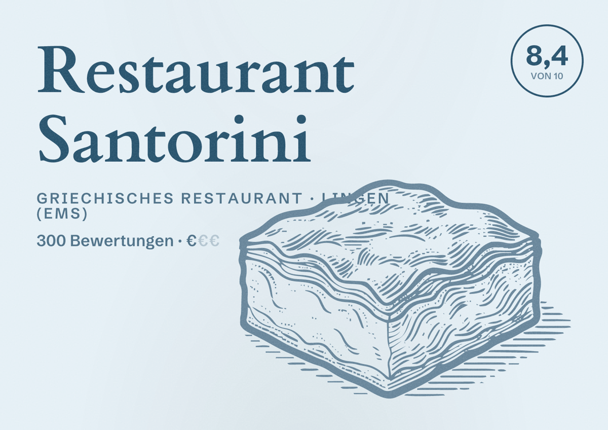 Illustriertes Poster von Restaurant Santorini, Griechisches Restaurant in Lingen (Ems): Bewertung 8,4 von 10 aus 300 Bewertungen, Preisniveau €