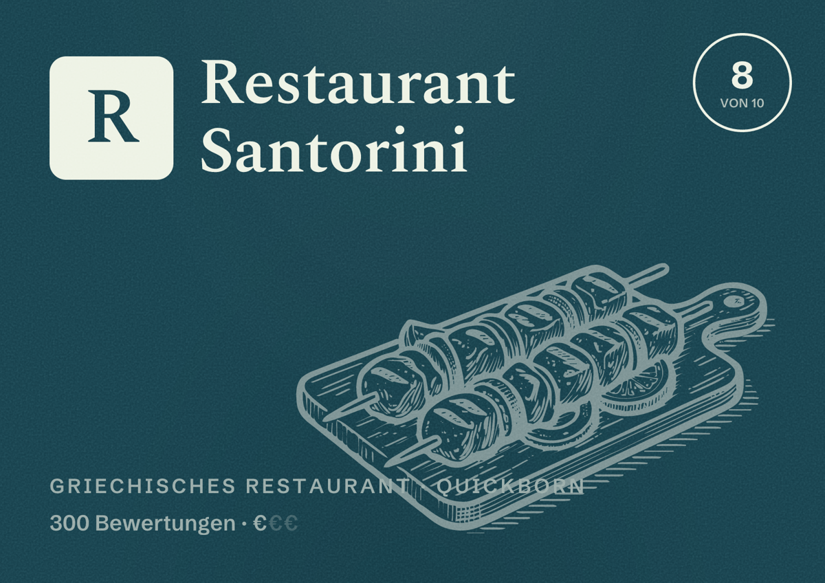 Illustriertes Poster von Restaurant Santorini, Griechisches Restaurant in Quickborn: Bewertung 8 von 10 aus 300 Bewertungen, Preisniveau €