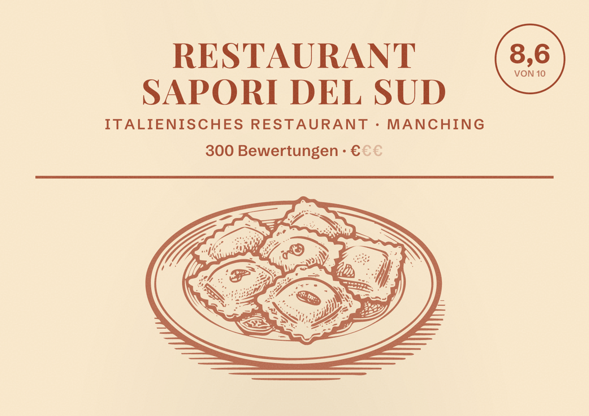 Illustriertes Poster von Restaurant Sapori del Sud, Italienisches Restaurant in Manching: Bewertung 8,6 von 10 aus 300 Bewertungen, Preisniveau €