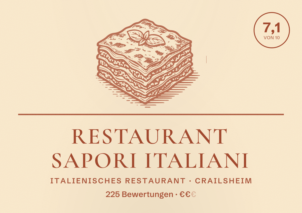 Illustriertes Poster von Restaurant Sapori Italiani, Italienisches Restaurant in Crailsheim: Bewertung 7,1 von 10 aus 225 Bewertungen, Preisniveau €€