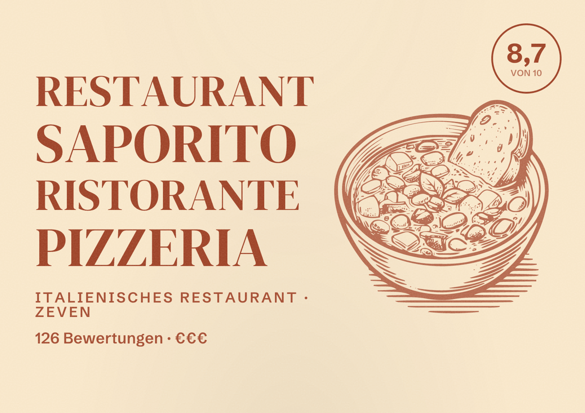 Illustriertes Poster von Restaurant SAPORITO Ristorante Pizzeria, Italienisches Restaurant in Zeven: Bewertung 8,7 von 10 aus 126 Bewertungen, Preisniveau €€€