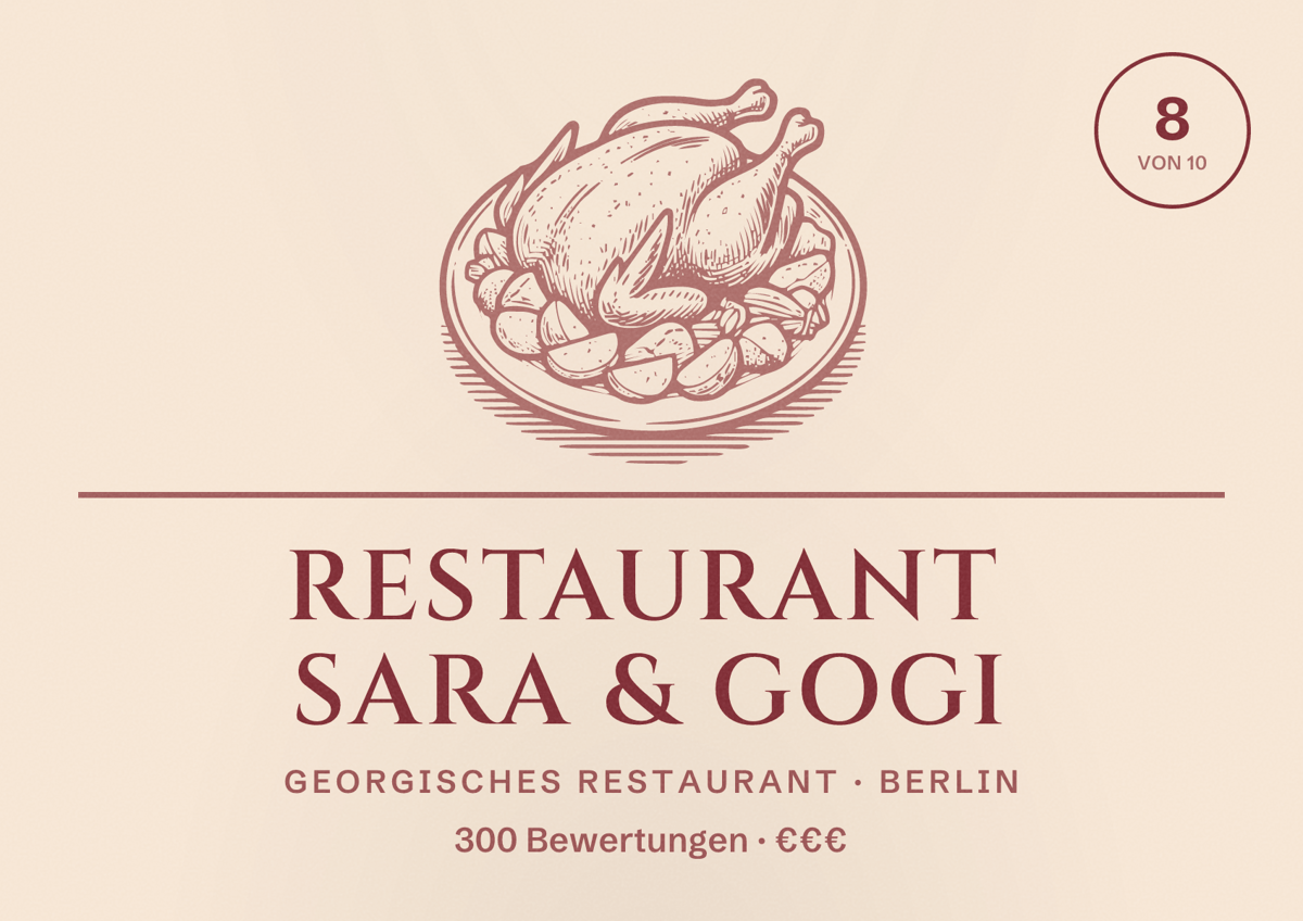 Illustriertes Poster von Restaurant Sara & Gogi, Georgisches Restaurant in Berlin: Bewertung 8,0 von 10 aus 300 Bewertungen, Preisniveau €€€