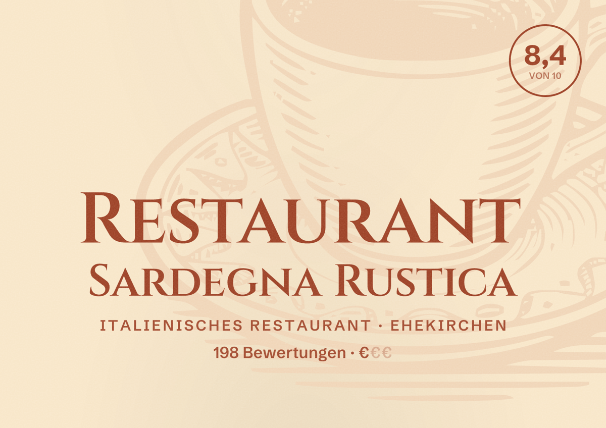 Illustriertes Poster von Restaurant Sardegna Rustica, Italienisches Restaurant in Ehekirchen: Bewertung 8,4 von 10 aus 198 Bewertungen, Preisniveau €