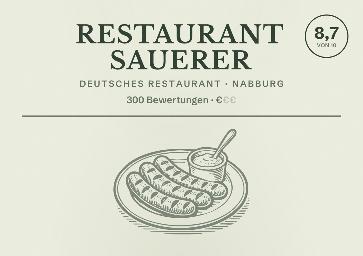 Illustriertes Poster von Restaurant Sauerer, Deutsches Restaurant in Nabburg: Bewertung 8,7 von 10 aus 300 Bewertungen, Preisniveau €