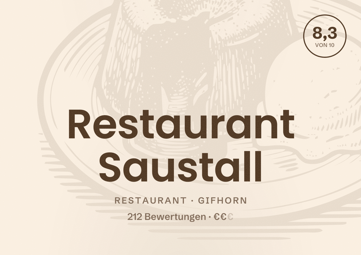 Illustriertes Poster von Restaurant Saustall, Restaurant in Gifhorn: Bewertung 8,3 von 10 aus 212 Bewertungen, Preisniveau €€