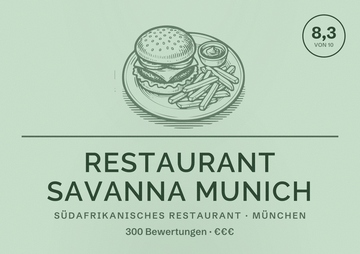 Illustriertes Poster von Restaurant Savanna Munich, Südafrikanisches Restaurant in München: Bewertung 8,3 von 10 aus 300 Bewertungen, Preisniveau €€€