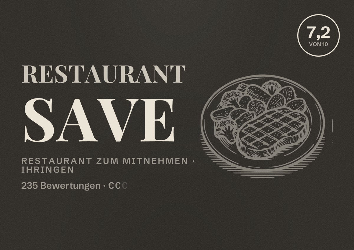 Illustriertes Poster von Restaurant SaVe, Restaurant zum Mitnehmen in Ihringen: Bewertung 7,2 von 10 aus 235 Bewertungen, Preisniveau €€
