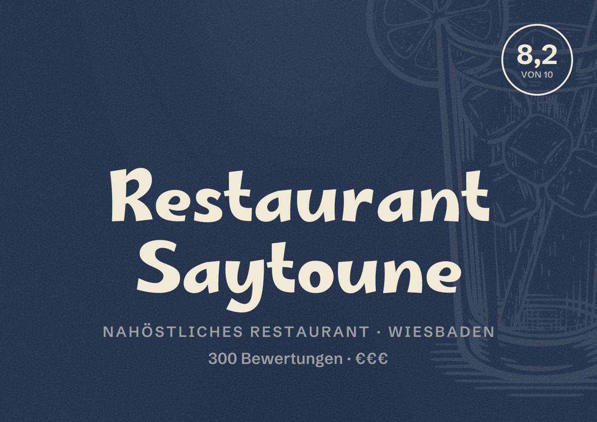 Illustriertes Poster von Restaurant Saytoune, Nahöstliches Restaurant in Wiesbaden: Bewertung 8,2 von 10 aus 300 Bewertungen, Preisniveau €€€