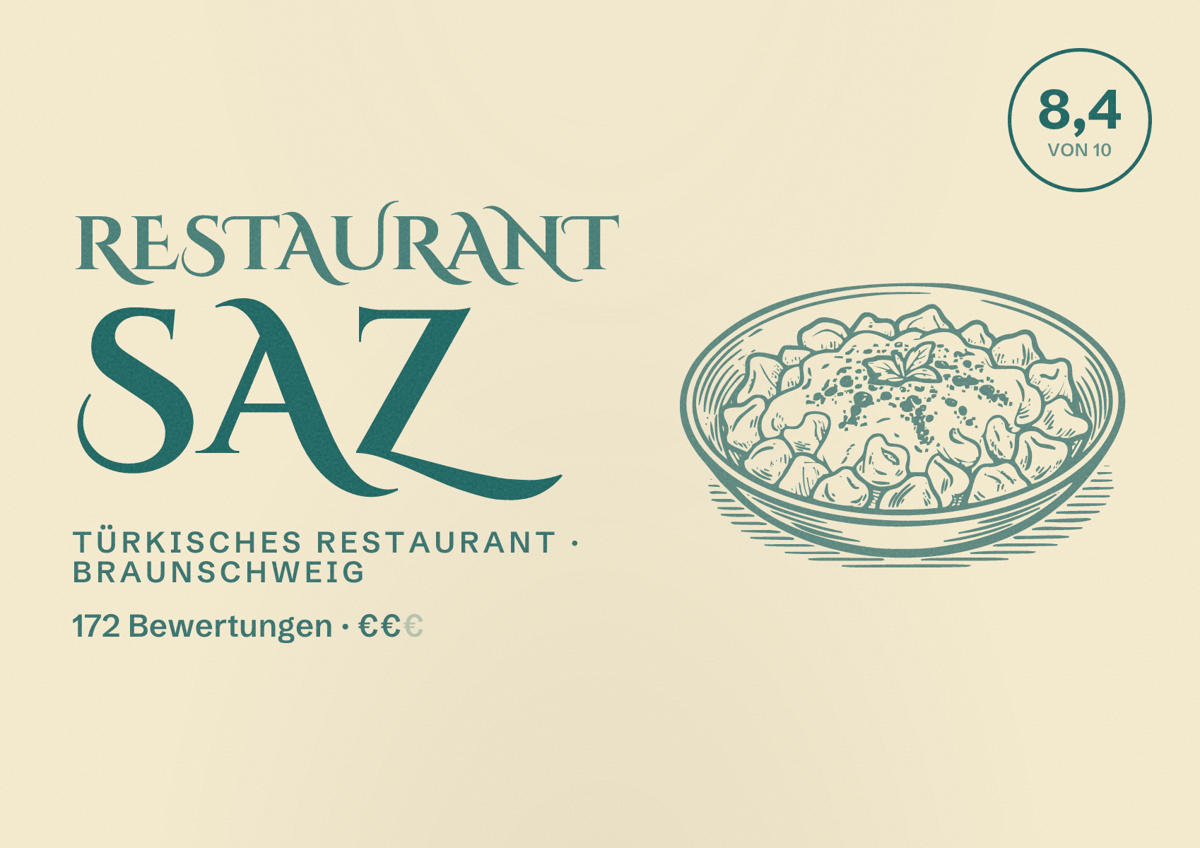 Illustriertes Poster von Restaurant Saz, Türkisches Restaurant in Braunschweig: Bewertung 8,4 von 10 aus 172 Bewertungen, Preisniveau €€