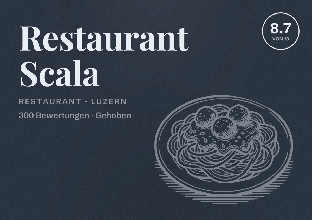 Illustriertes Poster von Restaurant Scala, Restaurant in Luzern: Bewertung 8.7 von 10 aus 300 Bewertungen, Preisniveau Gehoben