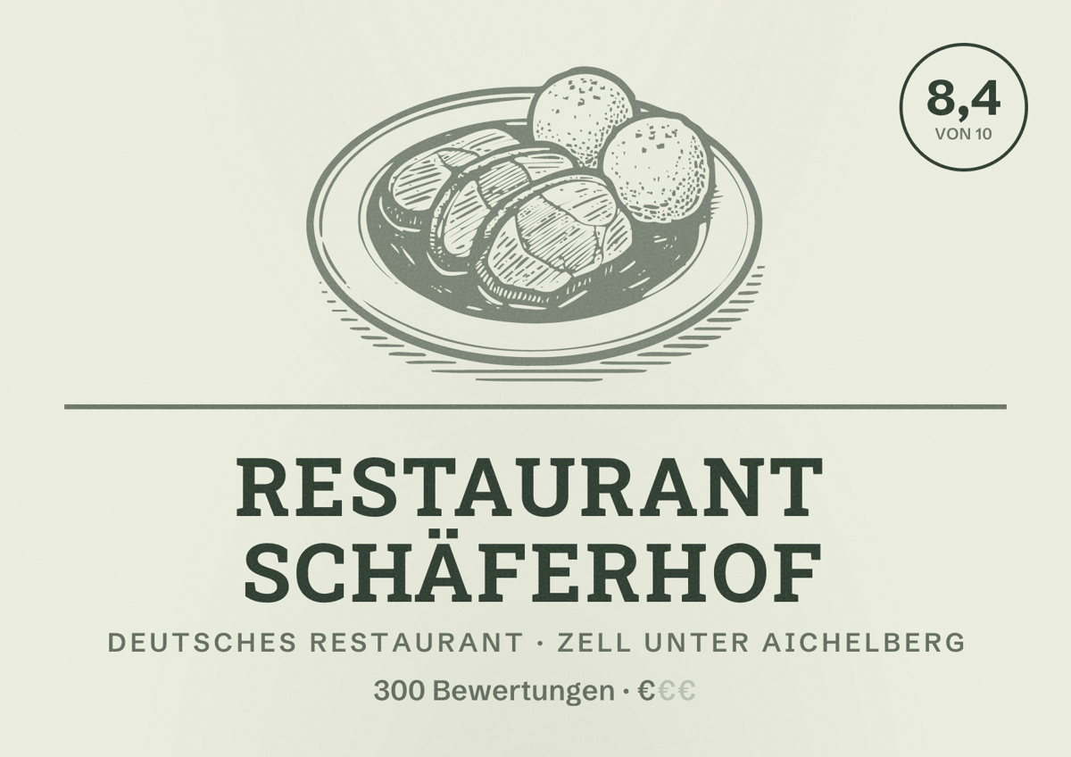 Illustriertes Poster von Restaurant Schäferhof, Deutsches Restaurant in Zell unter Aichelberg: Bewertung 8,4 von 10 aus 300 Bewertungen, Preisniveau €