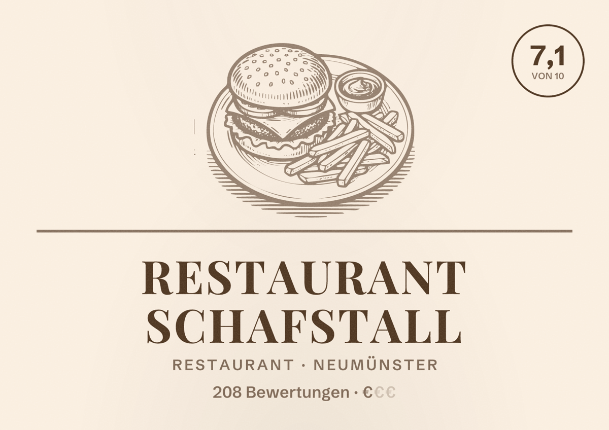 Illustriertes Poster von Restaurant Schafstall, Restaurant in Neumünster: Bewertung 7,1 von 10 aus 208 Bewertungen, Preisniveau €