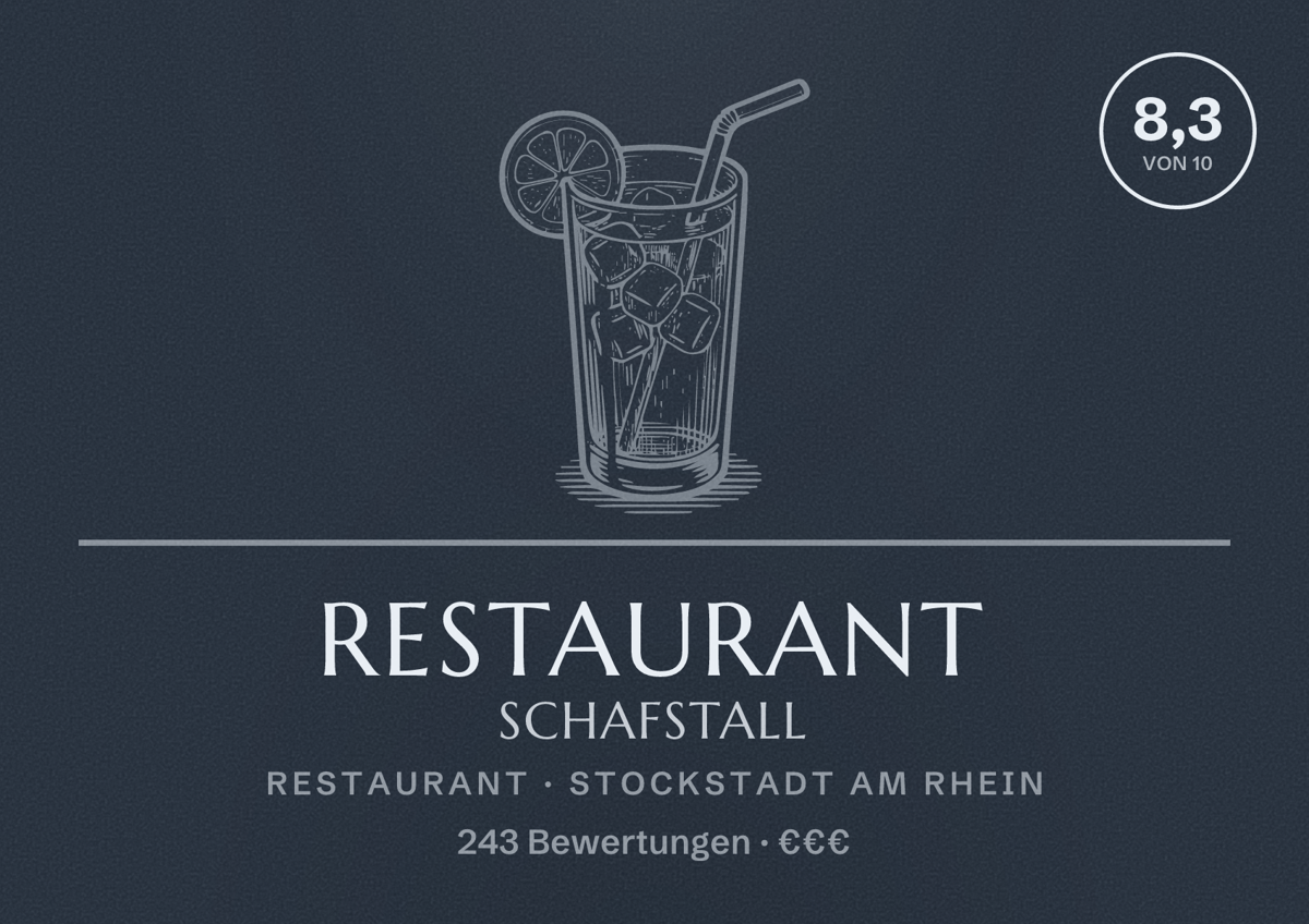 Illustriertes Poster von Restaurant Schafstall, Restaurant in Stockstadt am Rhein: Bewertung 8,3 von 10 aus 243 Bewertungen, Preisniveau €€€