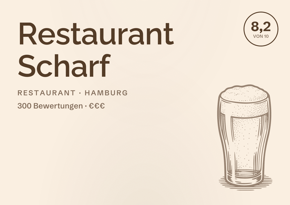 Illustriertes Poster von Restaurant Scharf, Restaurant in Hamburg: Bewertung 8,2 von 10 aus 300 Bewertungen, Preisniveau €€€